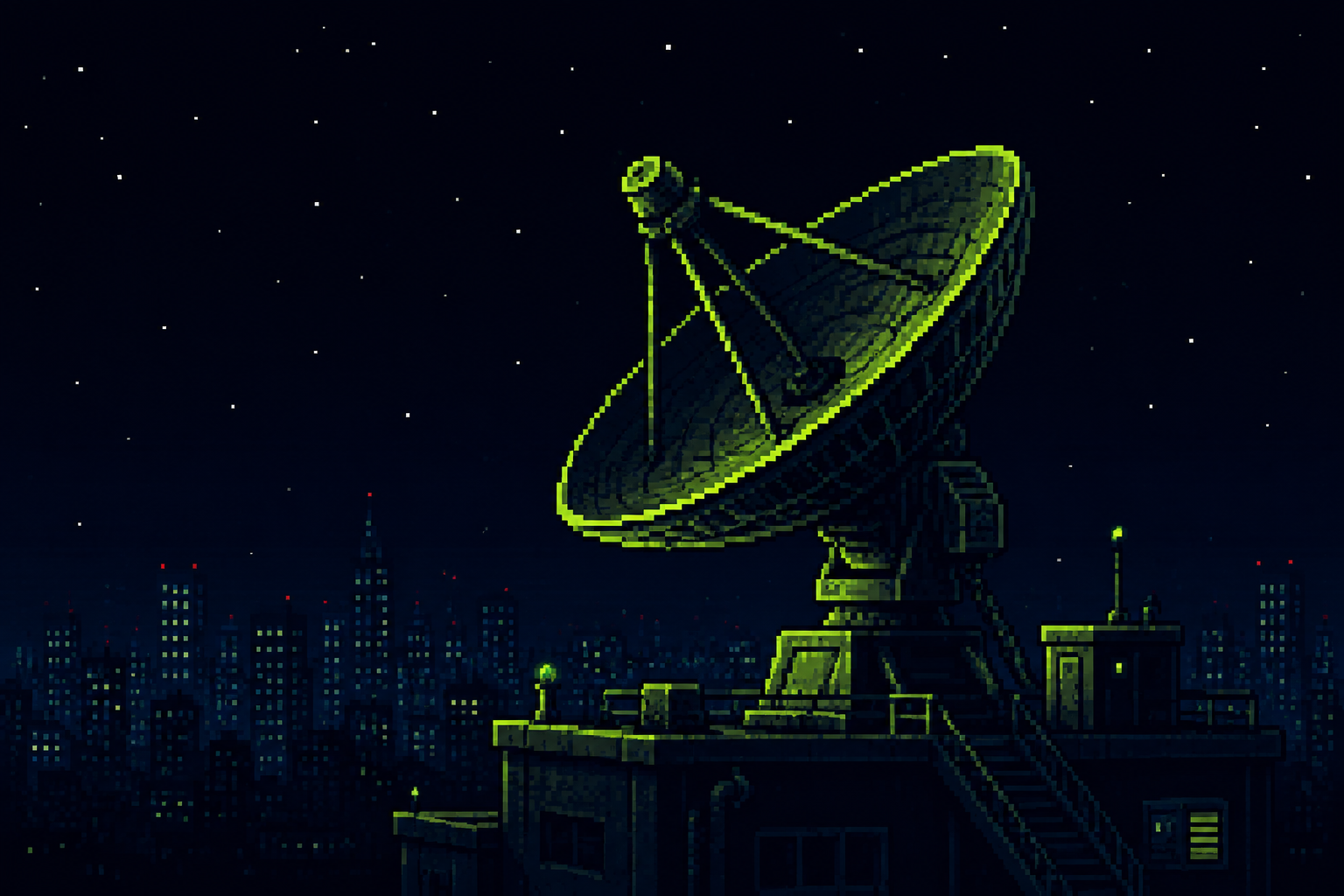 An illuminated green satellite dish overlooking a pixel-art city at night